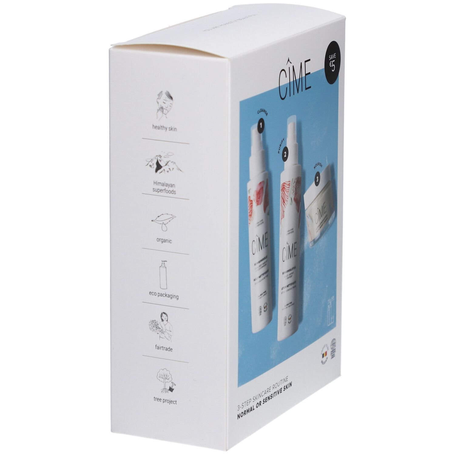 Emballage du coffret de soins Cîme. Vue latérale avec illustrations et icônes. Contient des informations sur les ingrédients.