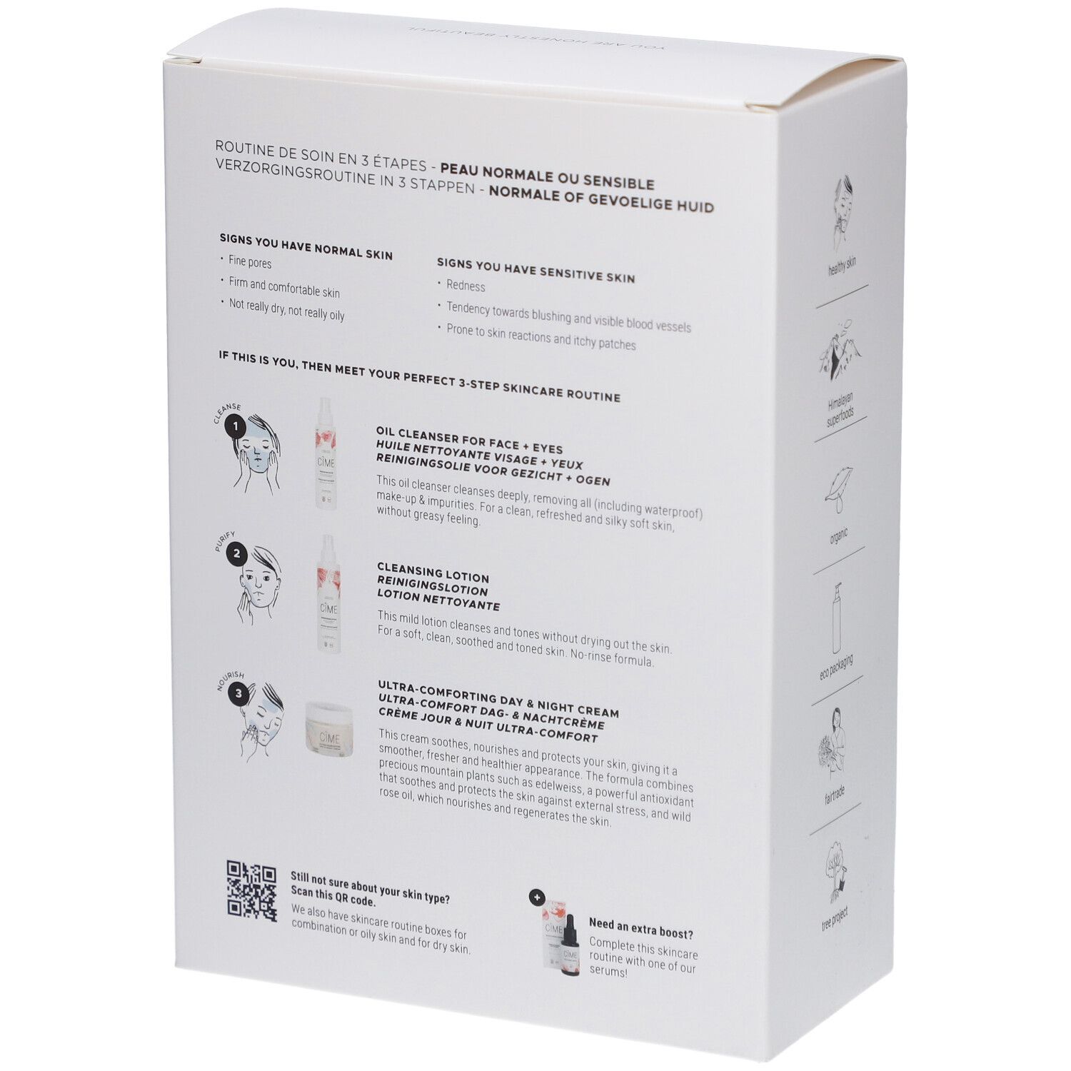 Dos du coffret de soins Cîme. Décrit la routine en 3 étapes pour peaux normales à sensibles.