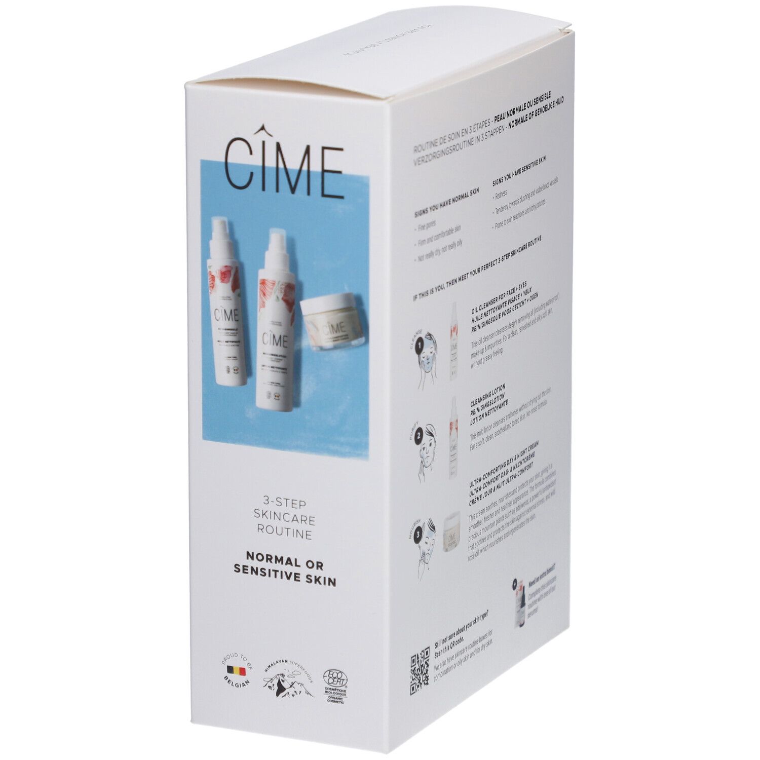 Emballage du coffret de soins Cîme. Vue de face avec illustrations et logo. Contient des informations sur la routine.