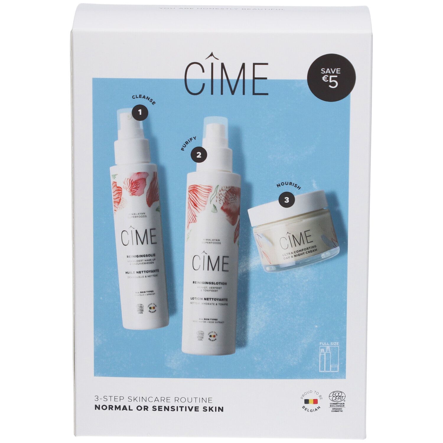 Coffret de soins Cîme. Contient trois produits : nettoyant, purifiant et crème. Emballage avec illustrations des produits.