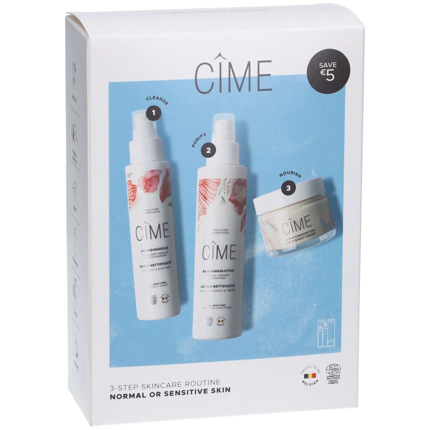 Coffret de soins Cîme. Contient trois produits : nettoyant, purifiant et crème. Emballage avec illustrations des produits.