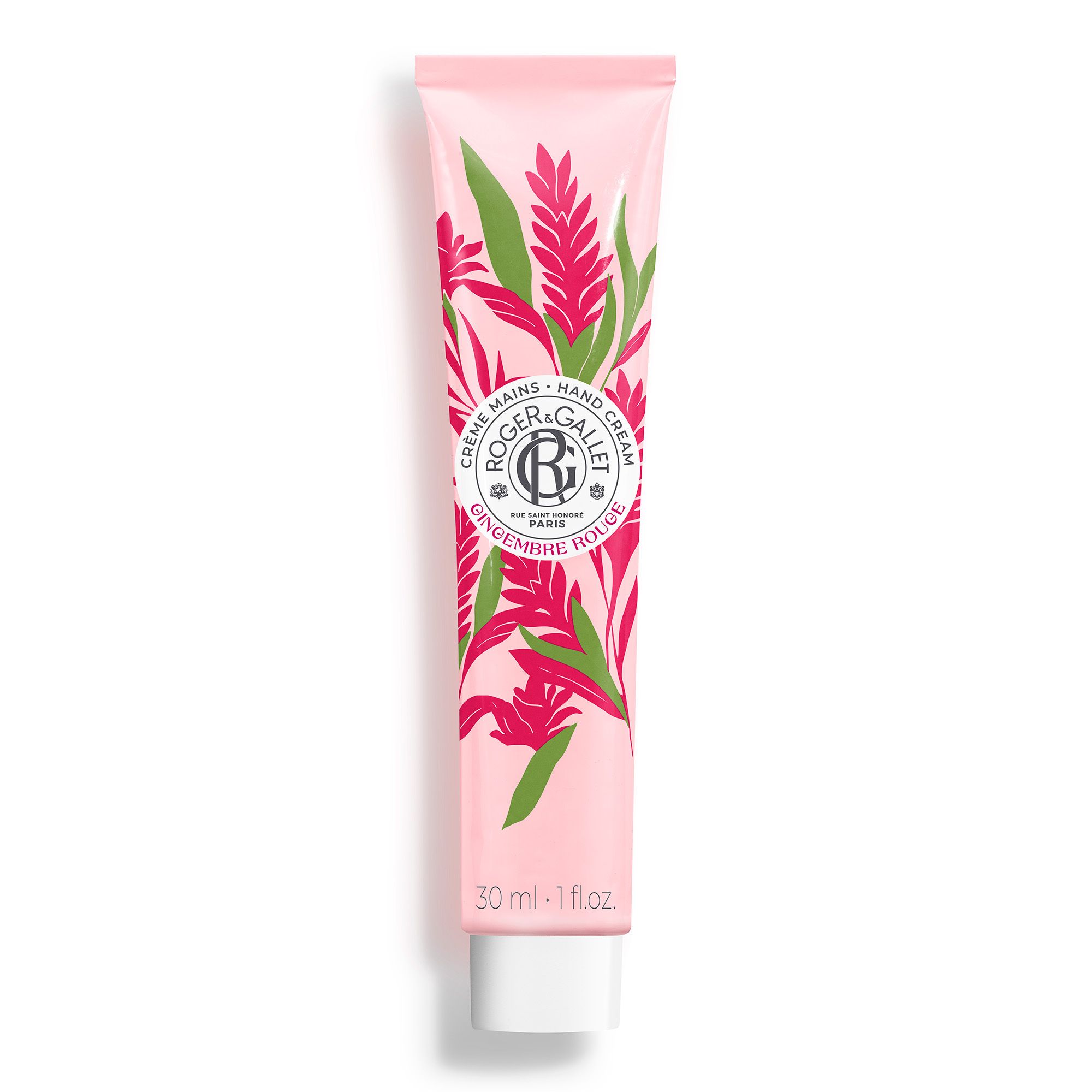 Roze tube met bloemenpatroon en tekst. Bevat handcrème. Merk Roger & Gallet. 30 ml.