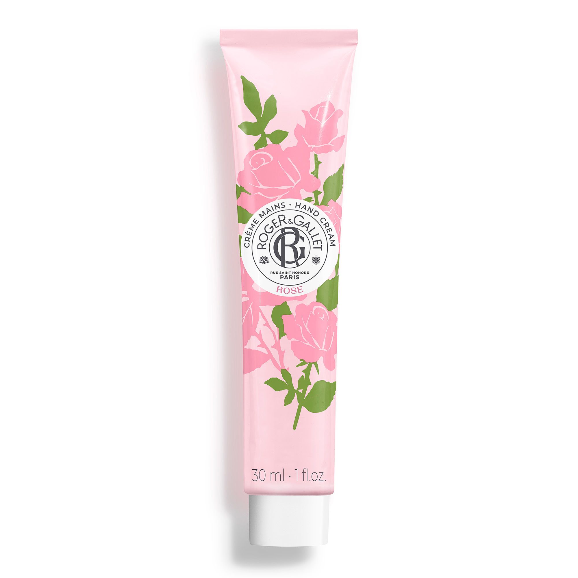 Roze handcrèmetube met bloemmotief. Opschrift: Roger & Gallet, Rose. 30 ml.