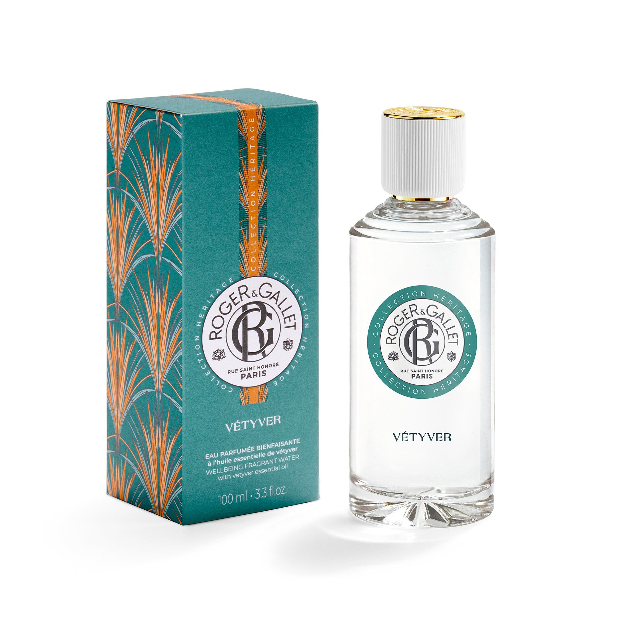 Produit et emballage. Flacon et boîte. Logo Roger & Gallet, VÉTYVER. Texte: Eau parfumée bienfaisante.
