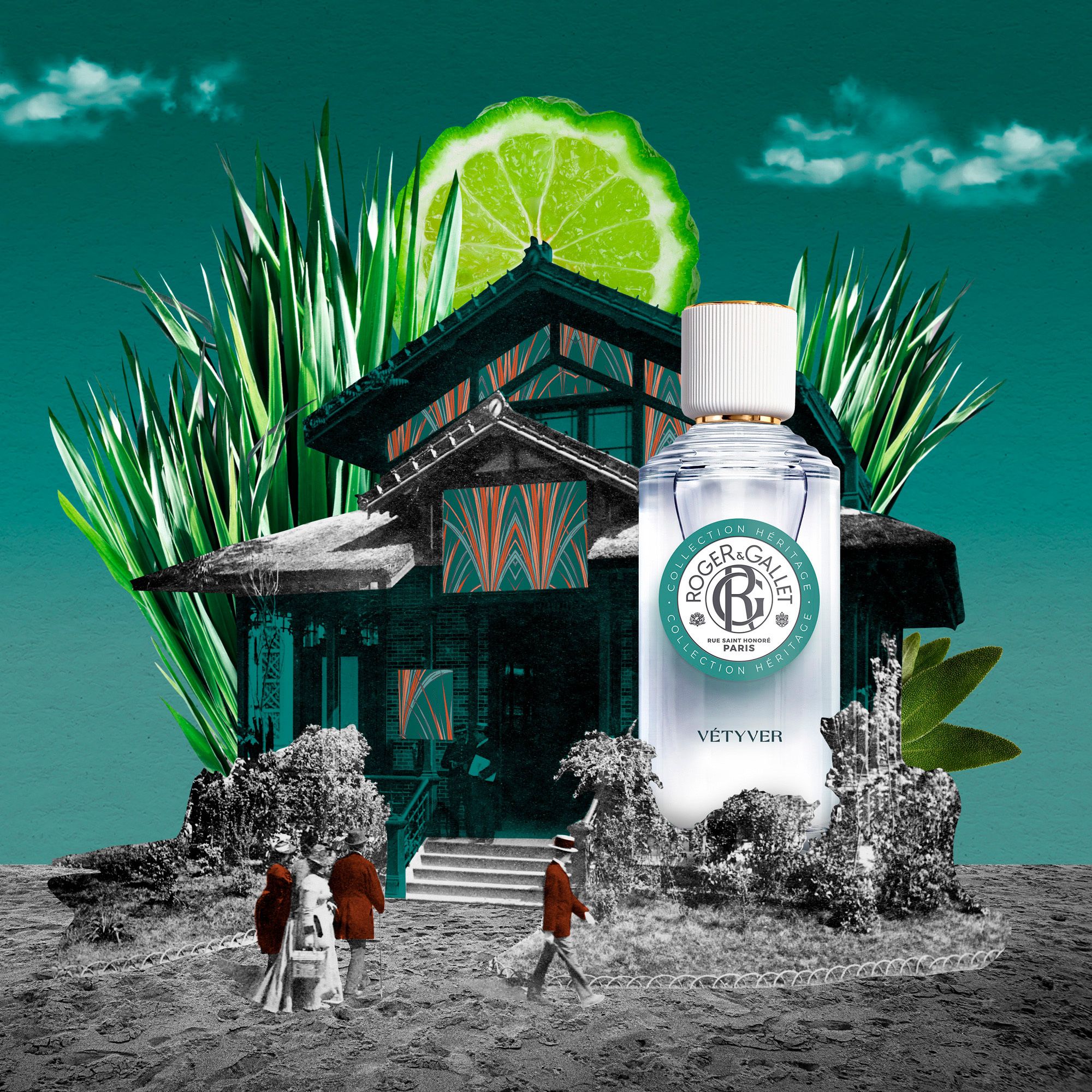 Composition artistique. Flacon VÉTYVER. Logo Roger & Gallet. Fond avec maison et plantes.
