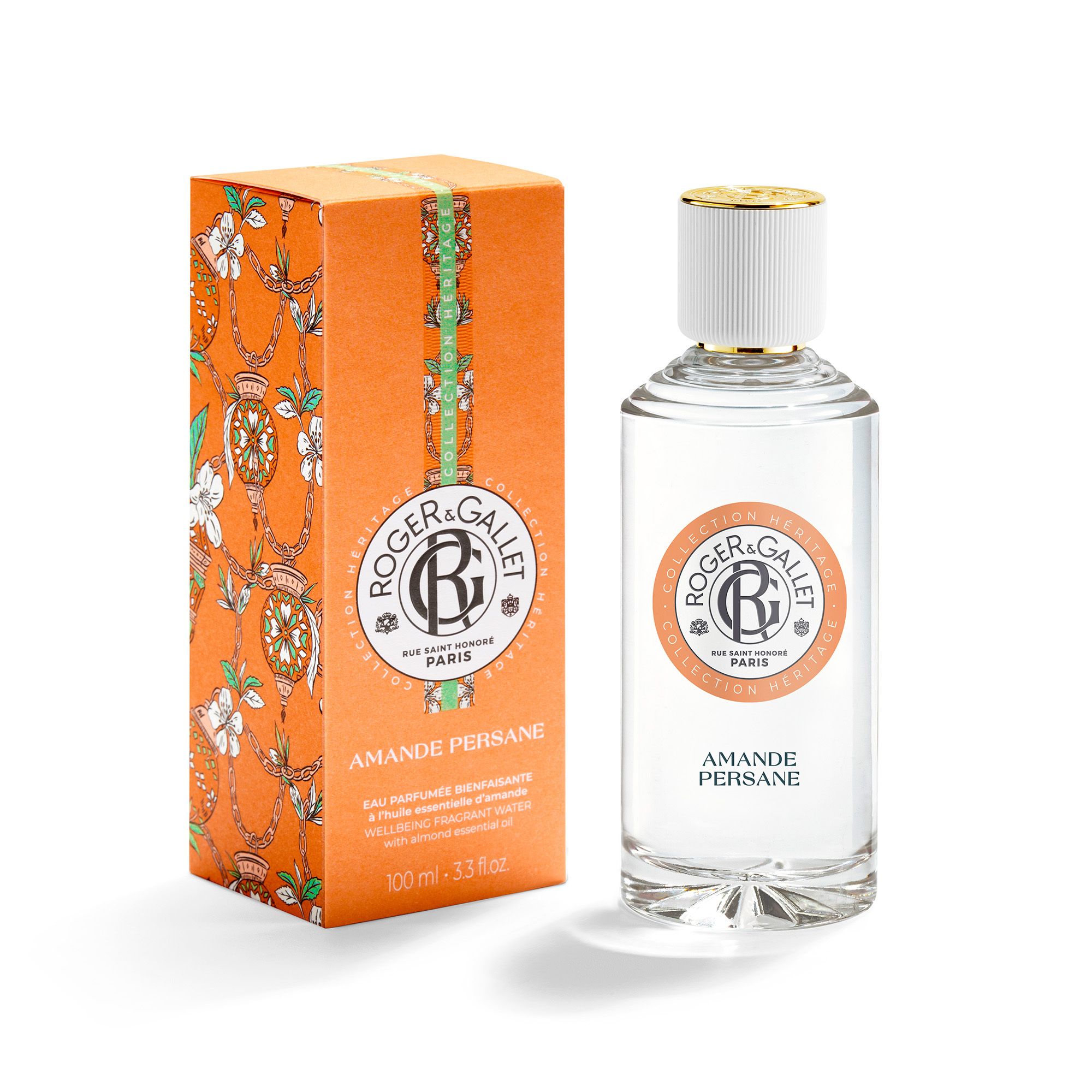 Glazen fles en doos. Logo Roger & Gallet. Productnaam: Amande Persane. Doos met bloemenpatroon.