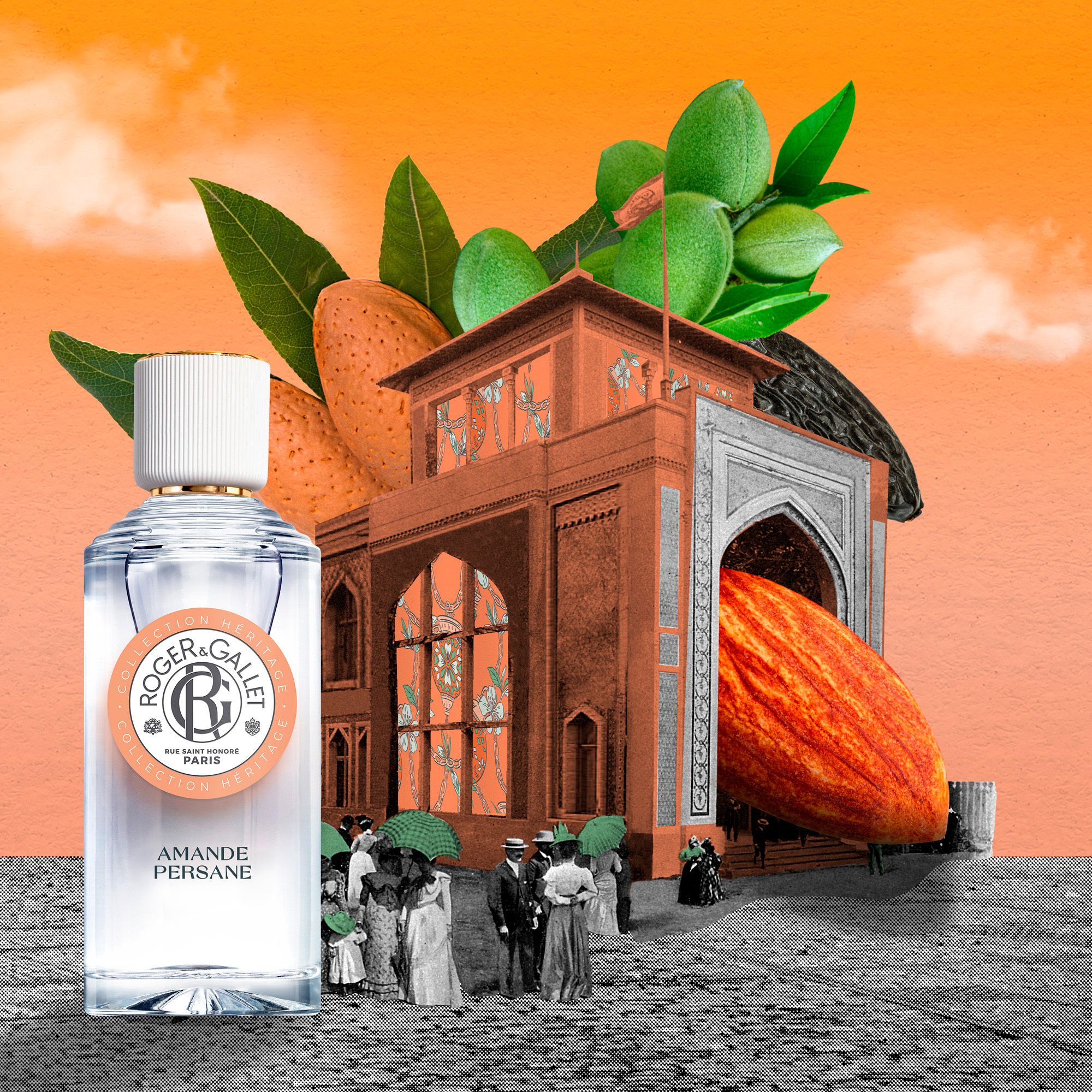 Glazen fles, productnaam: Amande Persane. Beeldcompositie met amandelen, gebouw en personen.