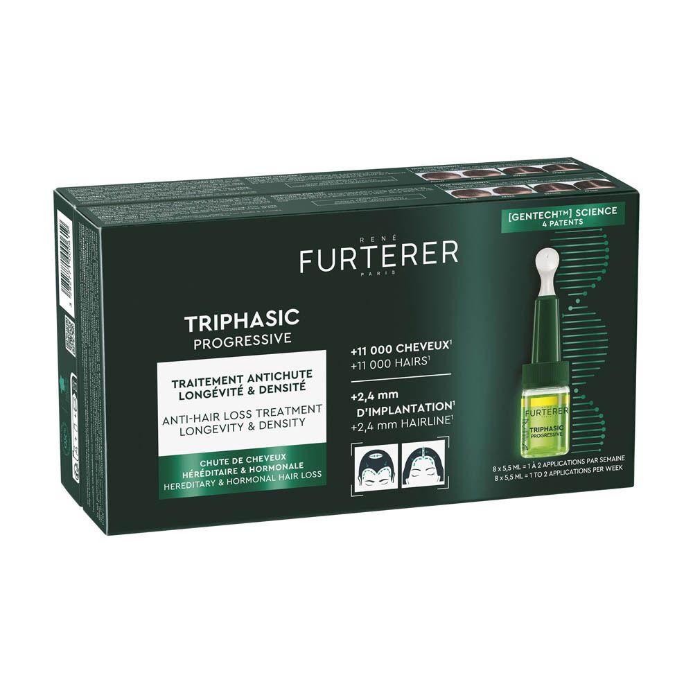 Boîte d'ampoules René Furterer Triphasic Progressive. Boîte verte avec image du produit.