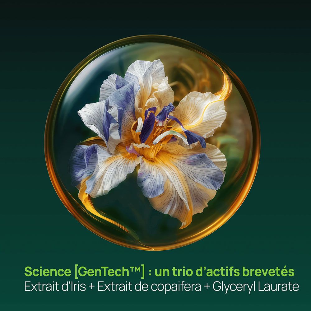 Gros plan d'une fleur dans un cercle doré. Texte sur les ingrédients.