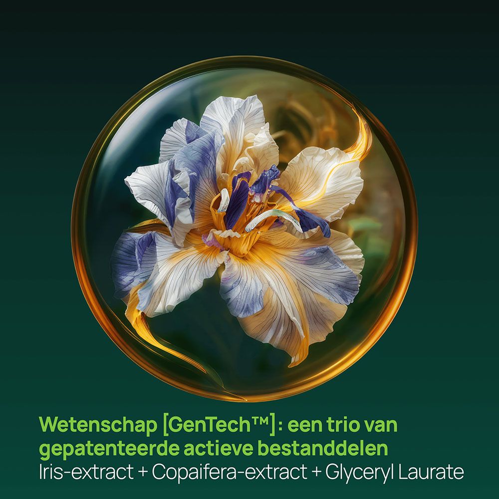 Close-up van een bloem in een gouden cirkel. Tekst over ingrediënten.