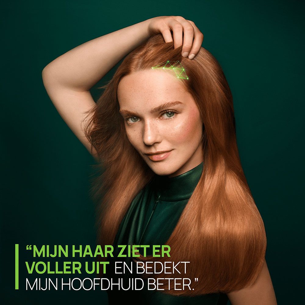 Vrouw met rood haar. Tekst over voller haar.