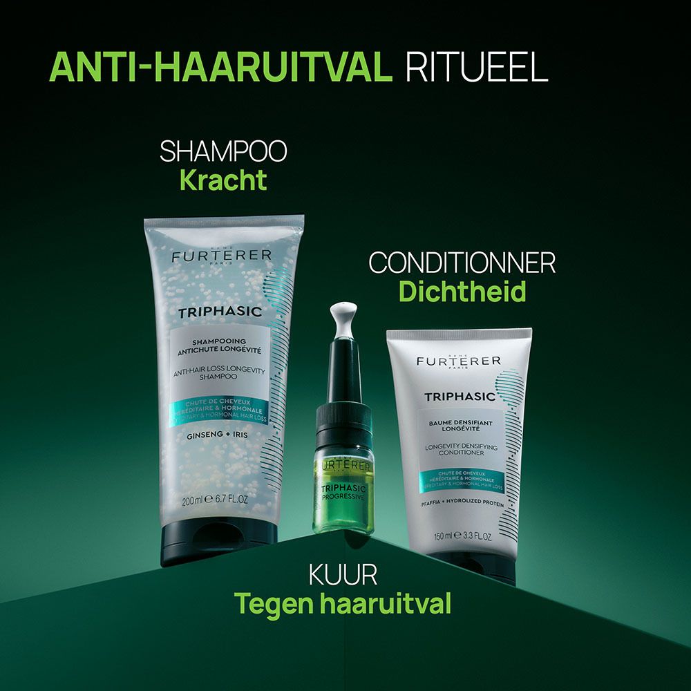 Productlijn van René Furterer. Shampoo, ampullen en conditioner.