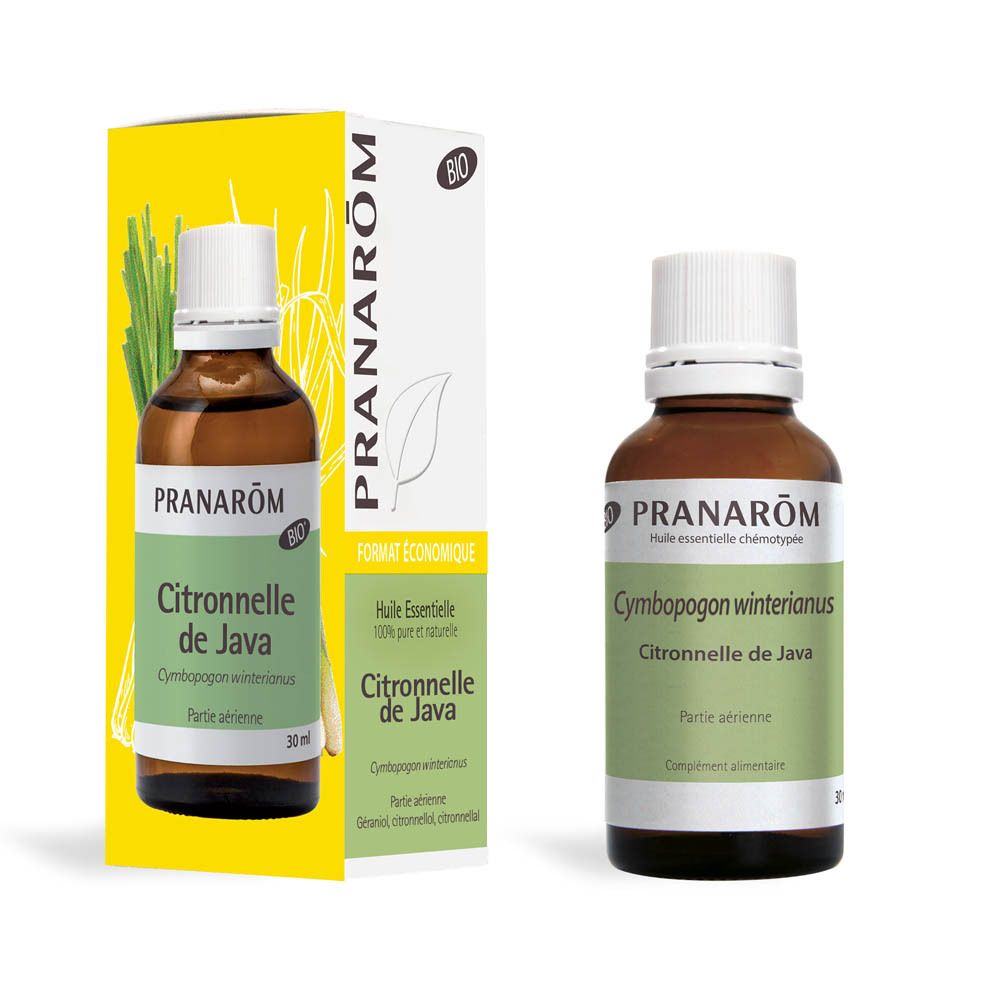 Emballage et flacon. Boîte blanche avec nom du produit, logo et certification BIO. Flacon à côté.