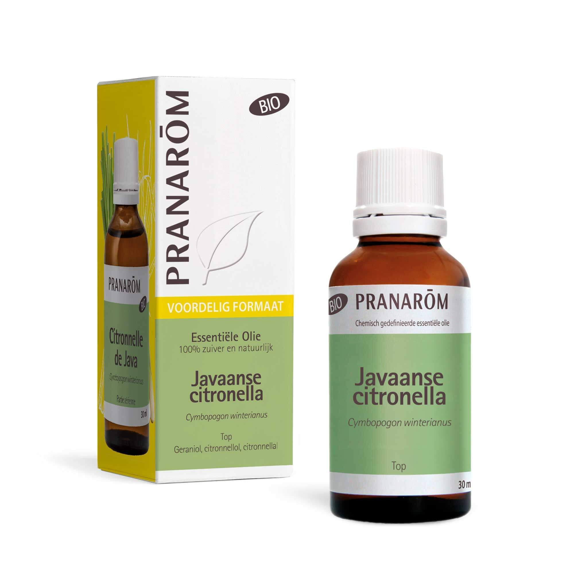 Productfles en verpakking. Gele verpakking met productnaam en bio-keurmerk. Tekst: Pranarôm, Javaanse citronella, 30 ml.