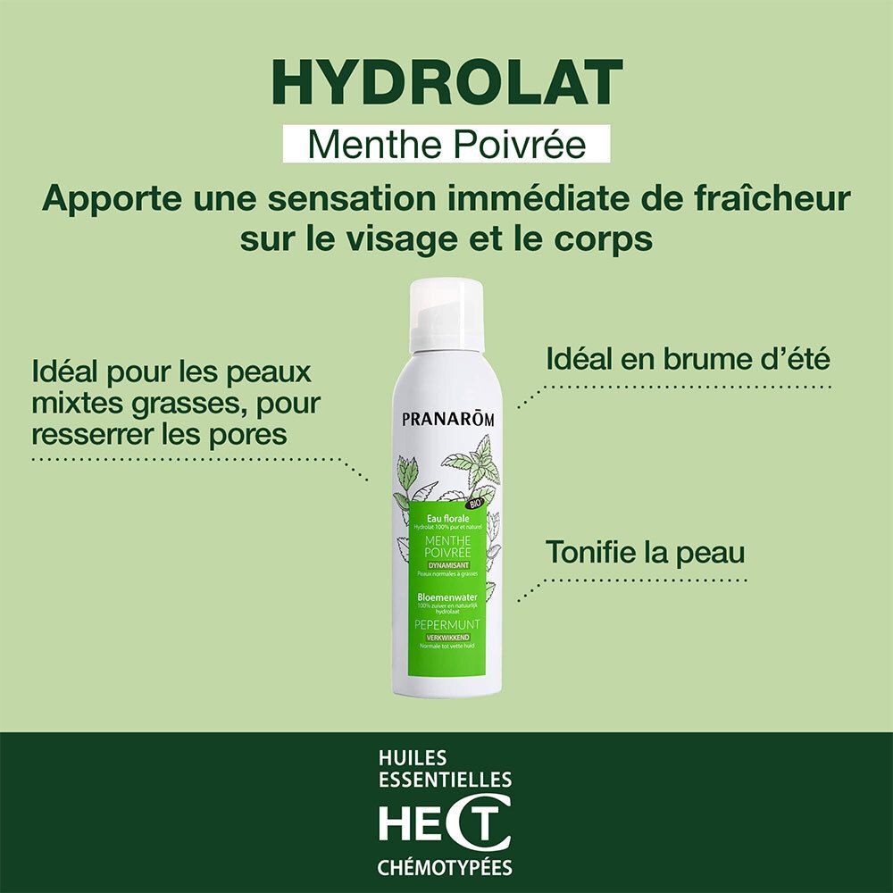 Visuel publicitaire avec flacon. Texte: Hydrolat Menthe Poivrée. Rafraîchit visage et corps. Peaux mixtes, pores, brume d'été.
