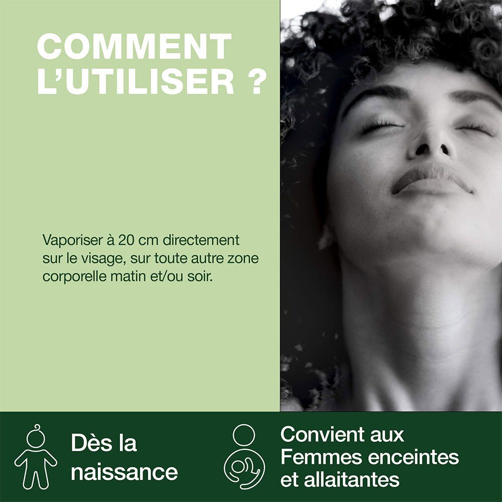 Visuel publicitaire. Femme aux yeux fermés. Texte: Utilisation: Vaporiser sur le visage. Convient aux bébés et allaitantes.