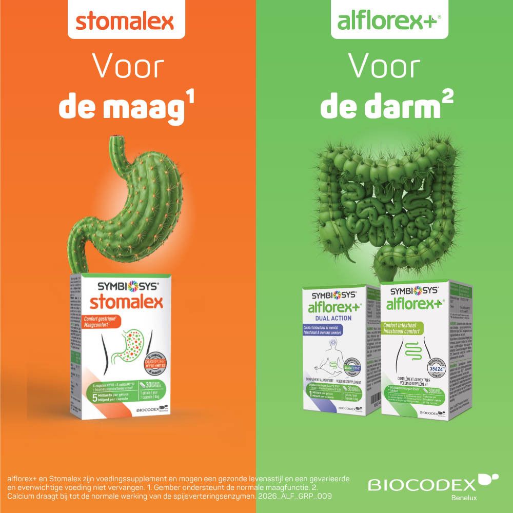Verpakking SYMBIOSYS Alflorex+ 30 capsules met darmillustratie.