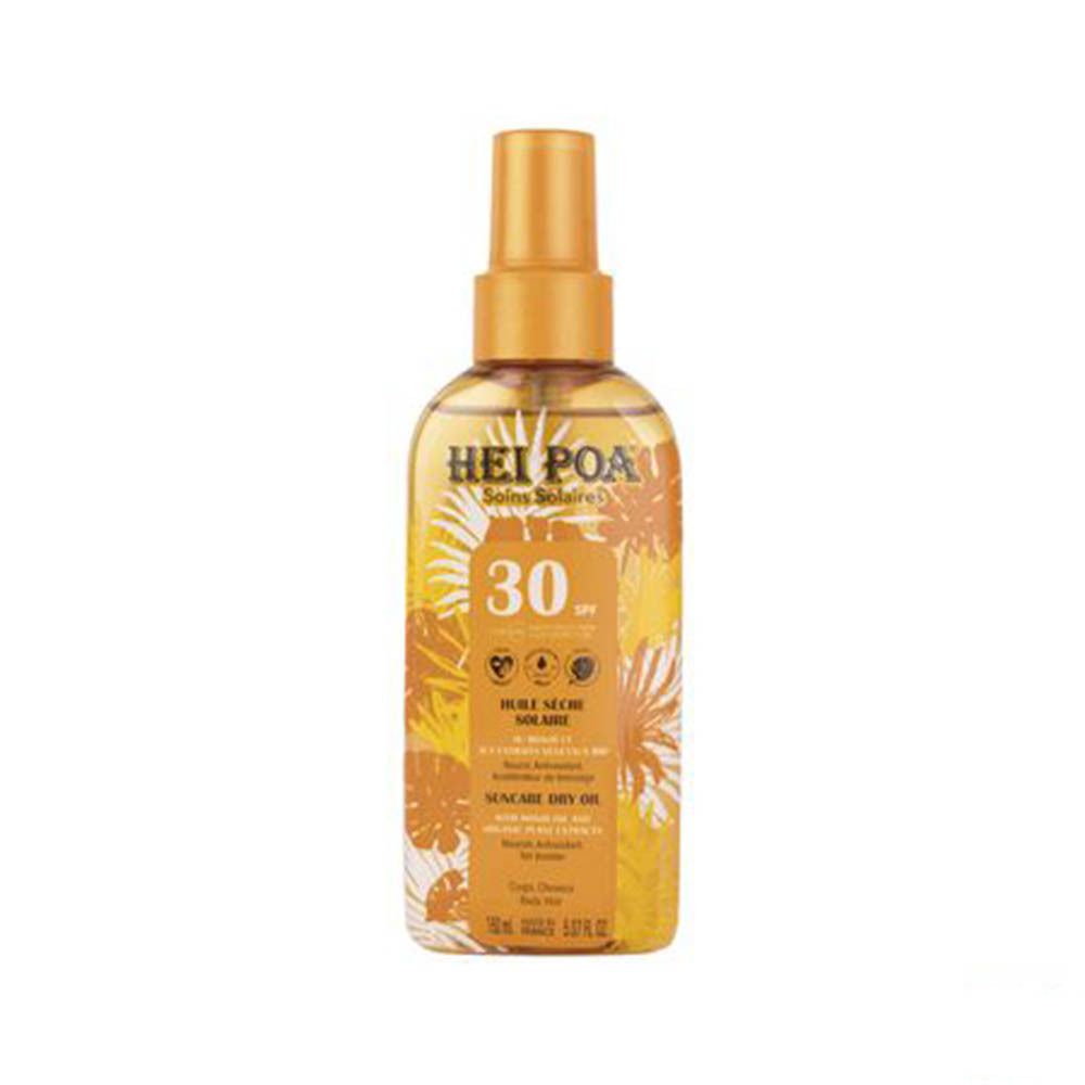 Flacon spray d'huile solaire. Liquide jaune transparent. Inscriptions : HEI POA, SPF 30, Huile Sèche Solaire, Suncare Dry Oil.