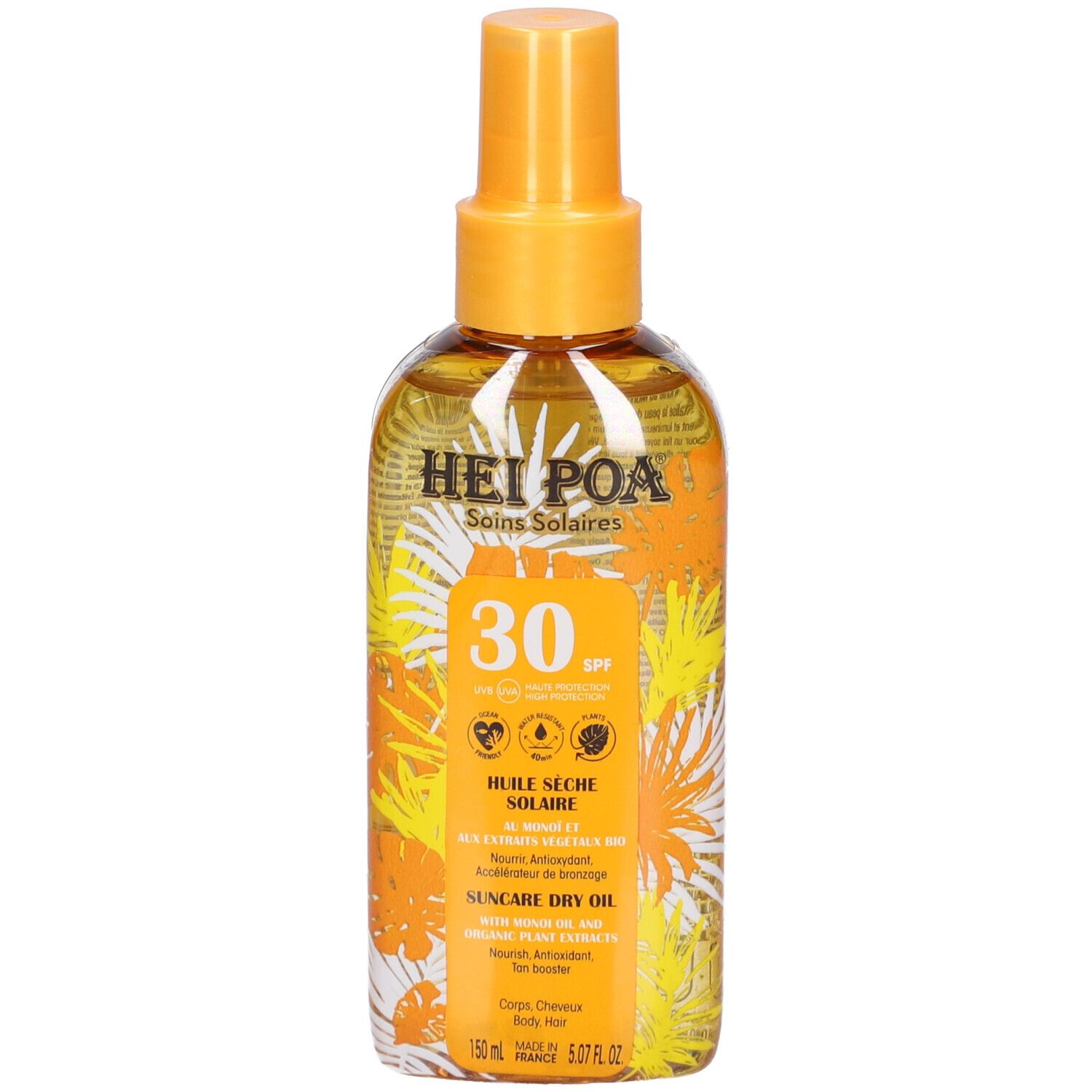 Sprayflesje zonnebrandolie. Gele vloeistof, gele sproeikop. Opschrift: Hei Poa, Soins Solaires, SPF 30, Huile Sèche Solaire, Suncare Dry Oil.