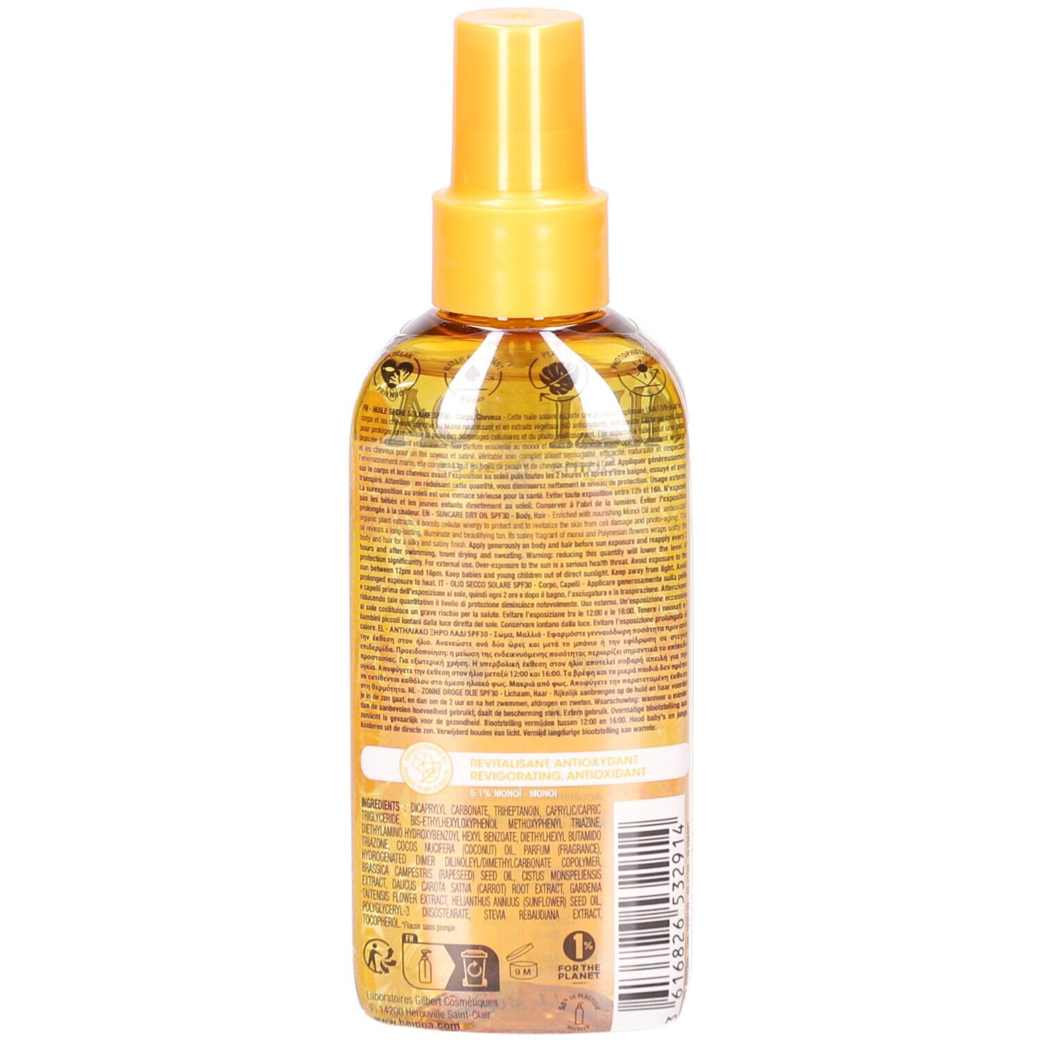 Achterkant van een sprayflesje zonnebrandolie. Gele vloeistof, gele sproeikop. Tekst op etiket.