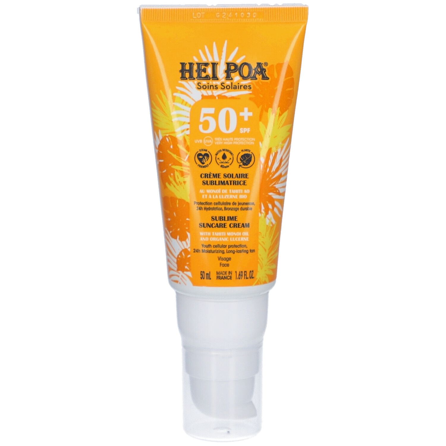 Tube jaune HEI POA Soins Solaires 50+ SPF. Crème solaire sublimatrice. Pompe blanche.