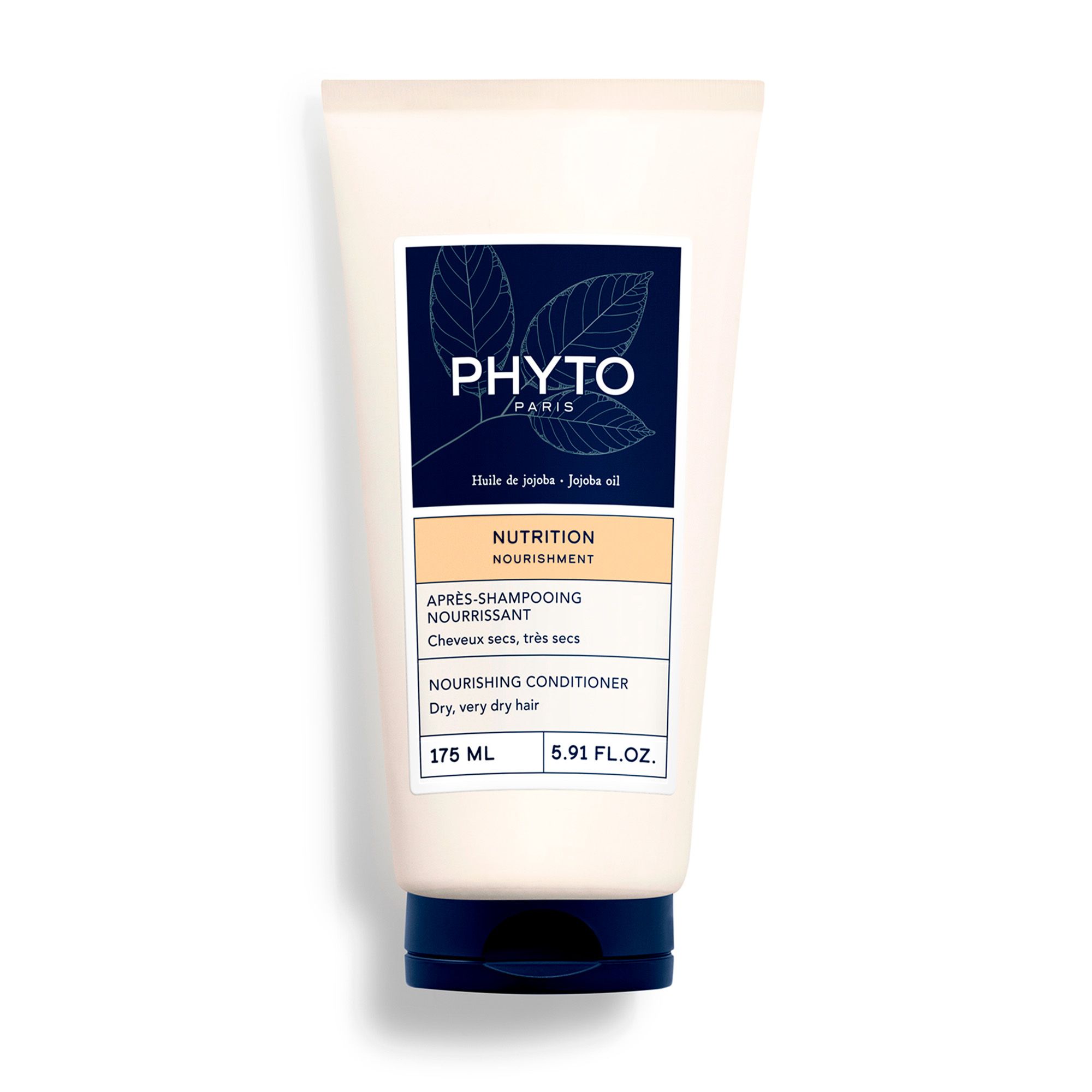 Crèmekleurige tube met blauwe dop. Opschrift PHYTO PARIS, Nutrition, Nourishing Conditioner. 175 ml.