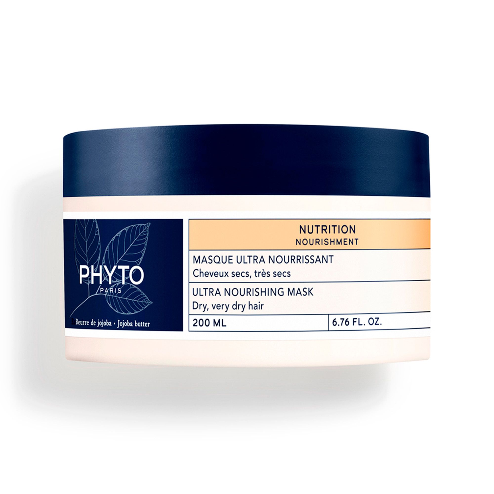 Crème pot met blauw deksel. Opschrift PHYTO PARIS en logo. Etiket met productinformatie: Ultra Nourishing Mask, 200 ml, 6.76 FL.OZ.