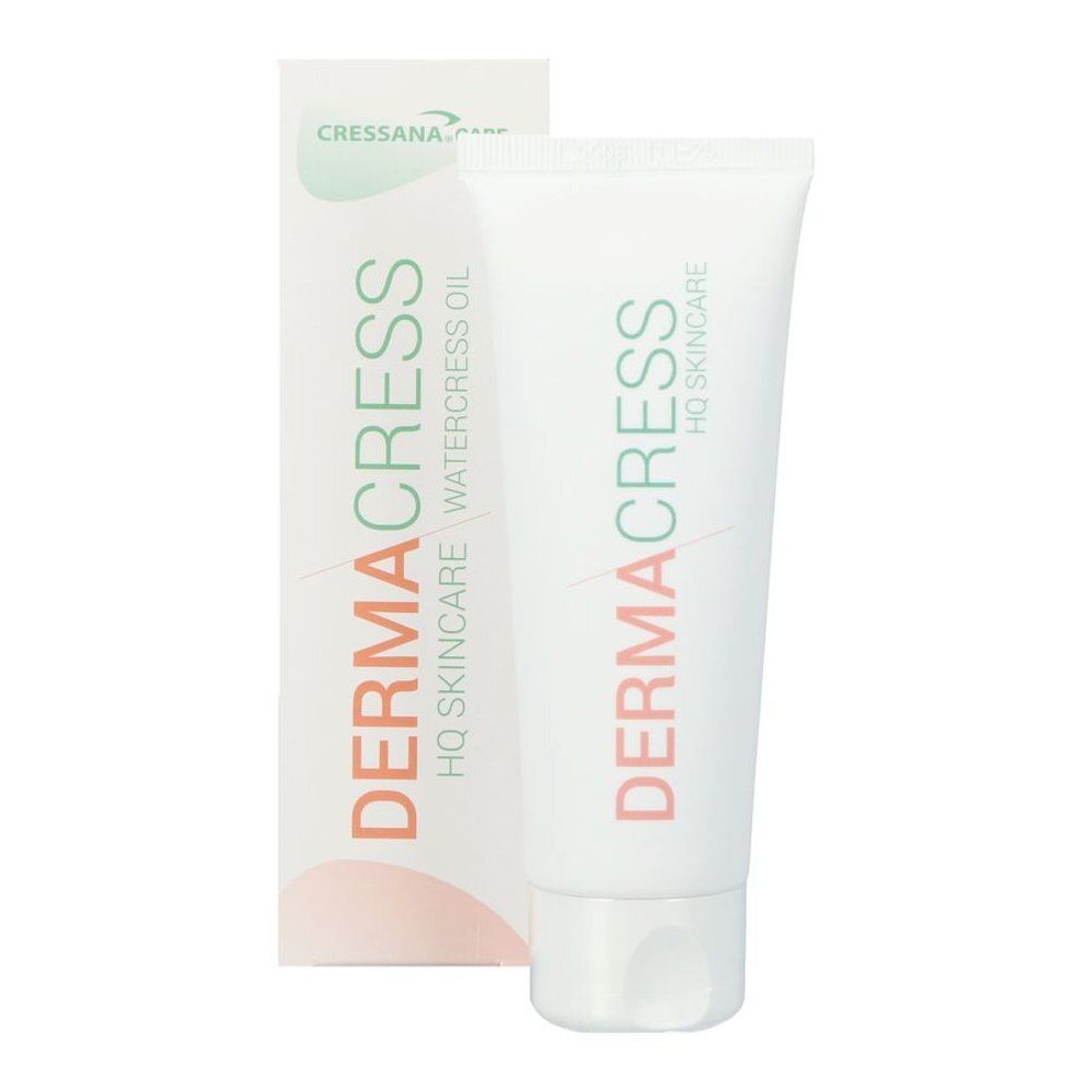 Witte tube en doos. Op de tube: DERMACRESS HQ SKINCARE. Op de doos: WATERCRESS OIL.