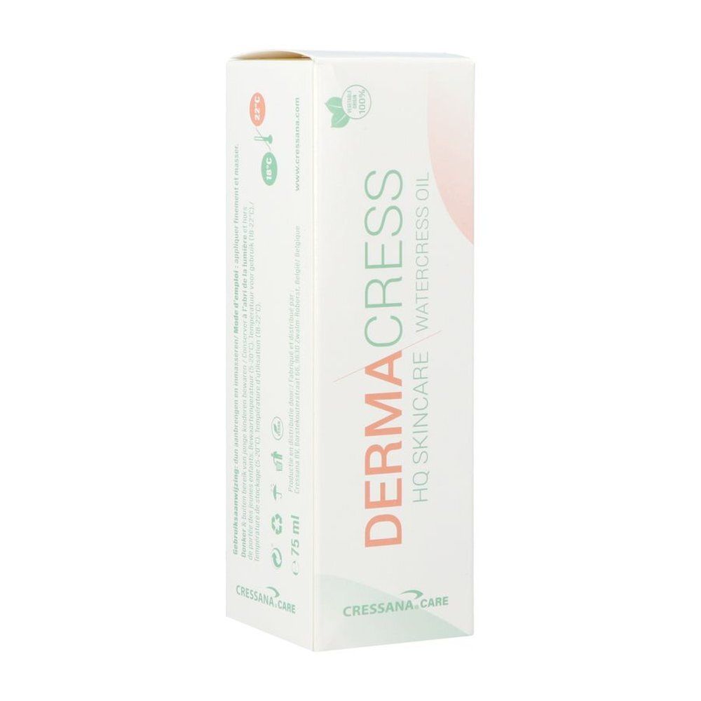 Witte doos. Tekst: DERMACRESS HQ SKINCARE WATERCRESS OIL. e 75 ml.