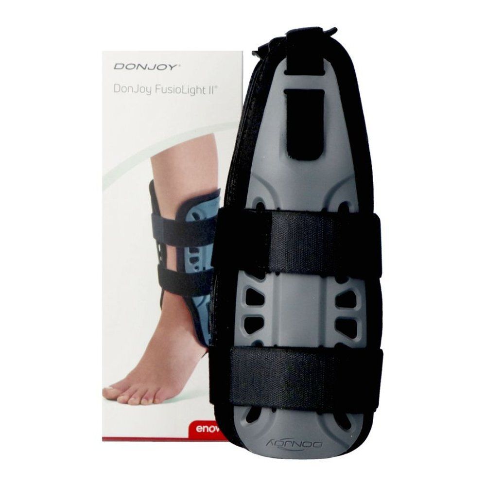 DonJoy Fusiolight enkelbrace, grijs-zwart, met klittenbandsluitingen. Productafbeelding met verpakking.