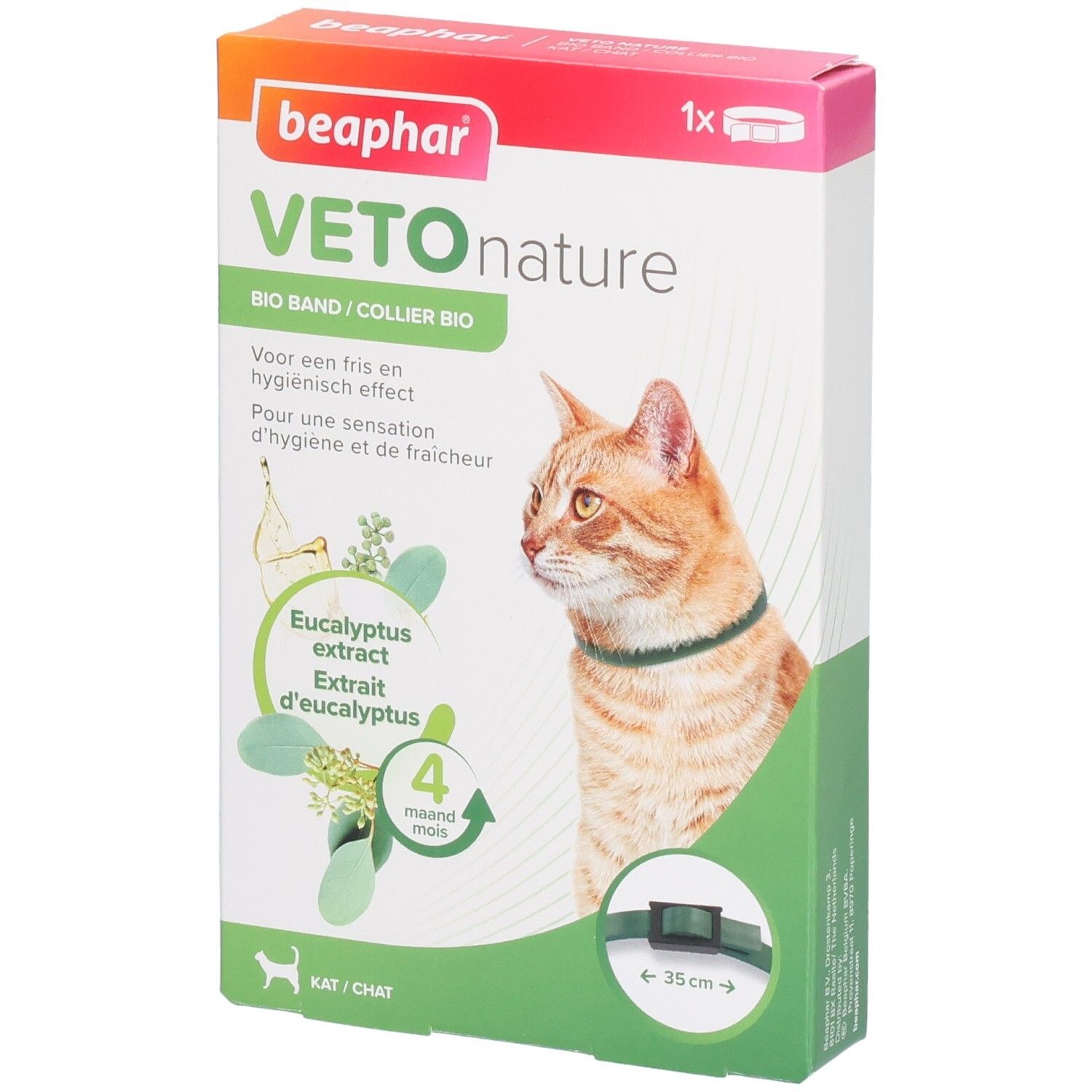 Verpakking Beaphar Vetonature Bio Band Eucalyptus Kat. Kat met halsband. Bevat eucalyptus extract. 4 maanden.