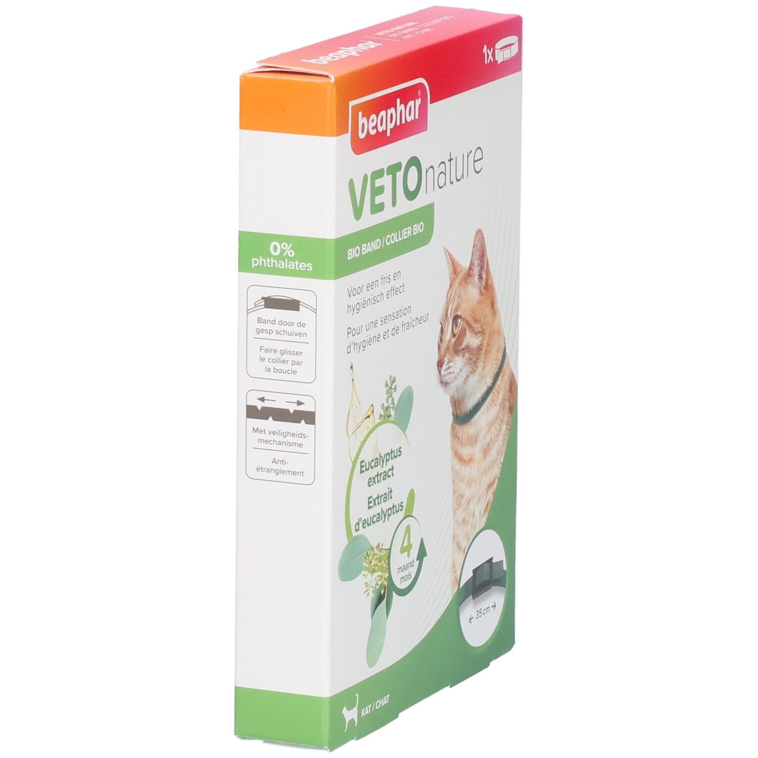 Zijaanzicht verpakking Beaphar Vetonature Bio Band Eucalyptus Kat. Bevat 0% ftalaten. Kat met halsband.