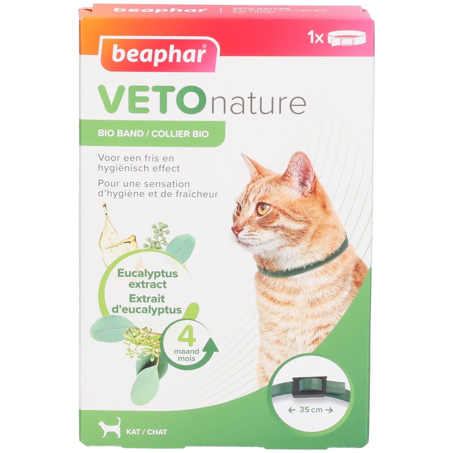 Vooraanzicht verpakking Beaphar Vetonature Bio Band Eucalyptus Kat. Kat met halsband. Bevat eucalyptus extract. 4 maanden.