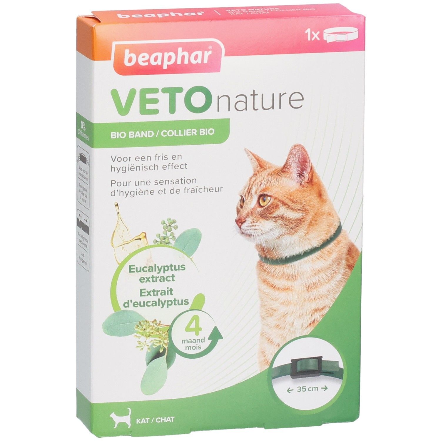 Vooraanzicht verpakking Beaphar Vetonature Bio Band Eucalyptus Kat. Kat met halsband. Bevat eucalyptus extract. 4 maanden.