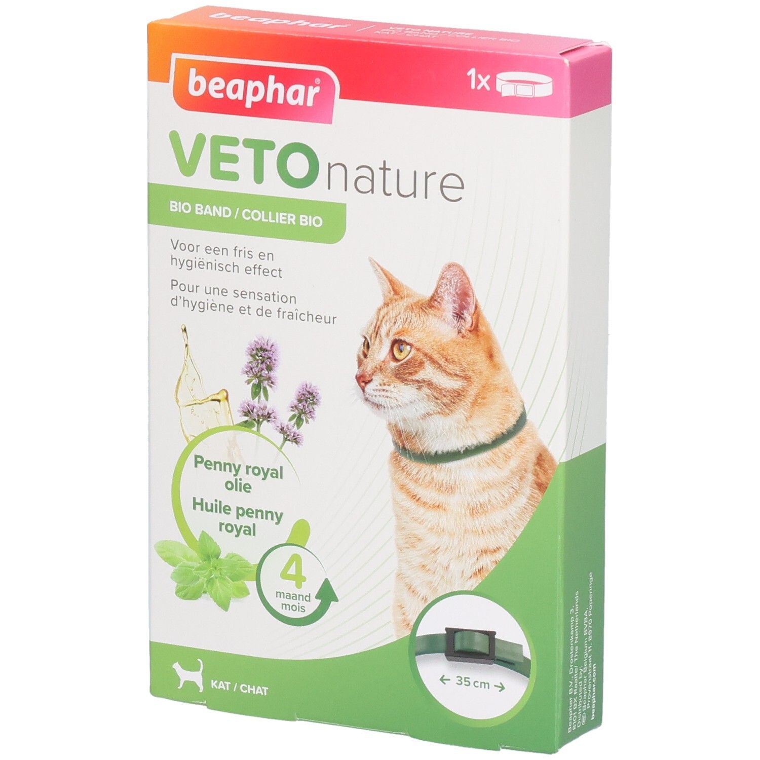 Verpakking Beaphar Vetonature Bio Band. Kat met halsband. Penny royal olie. 4 maanden bescherming. Verpakking.