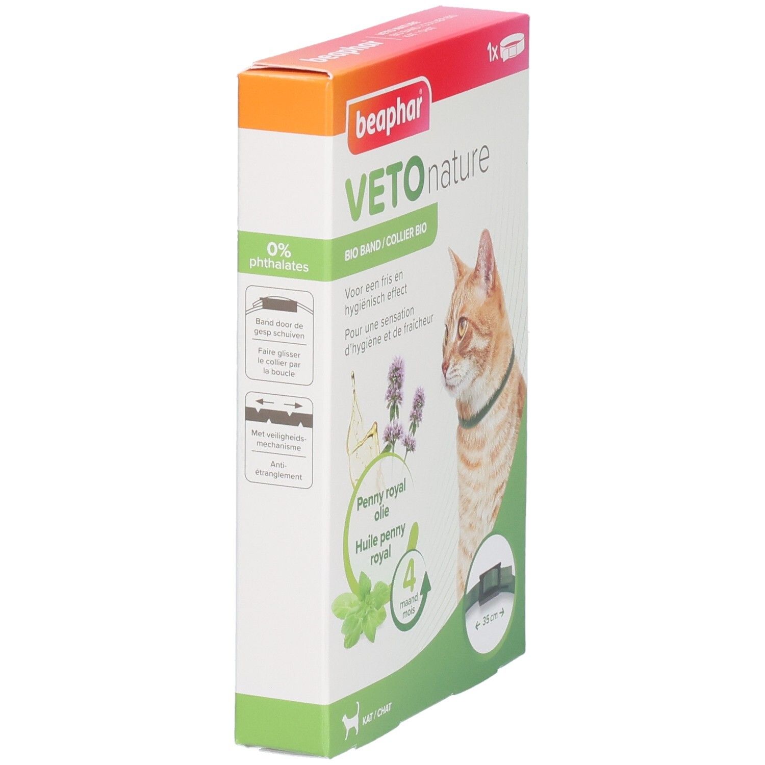 Verpakking Beaphar Vetonature Bio Band. Kat met halsband. Penny royal olie. 0% ftalaten. 4 maanden bescherming.