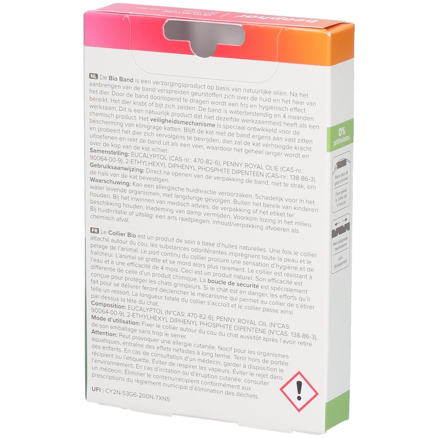 Achterkant verpakking Beaphar Vetonature Bio Band. Productinfo en ingrediënten. Waarschuwing.