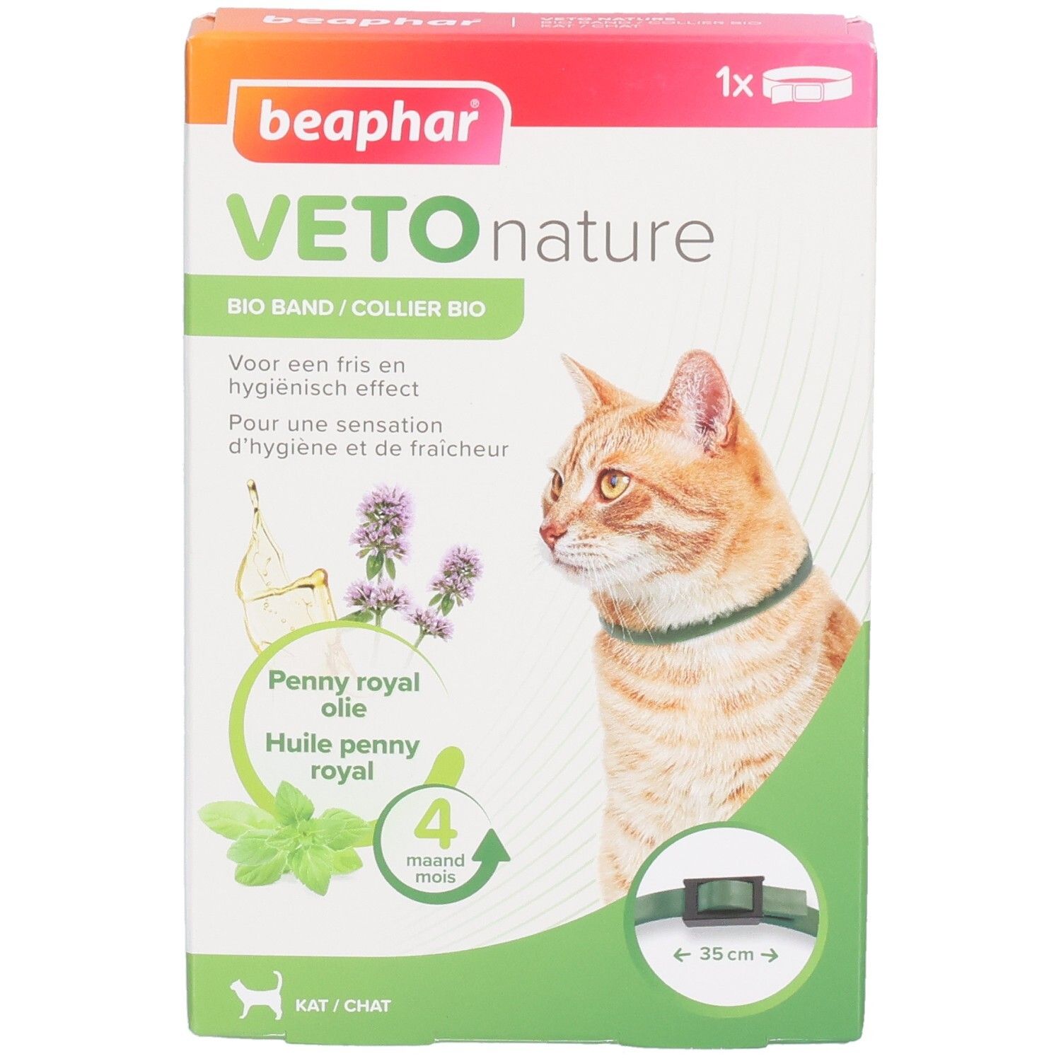 Verpakking Beaphar Vetonature Bio Band. Kat met halsband. Penny royal olie. 4 maanden bescherming. Halsband.