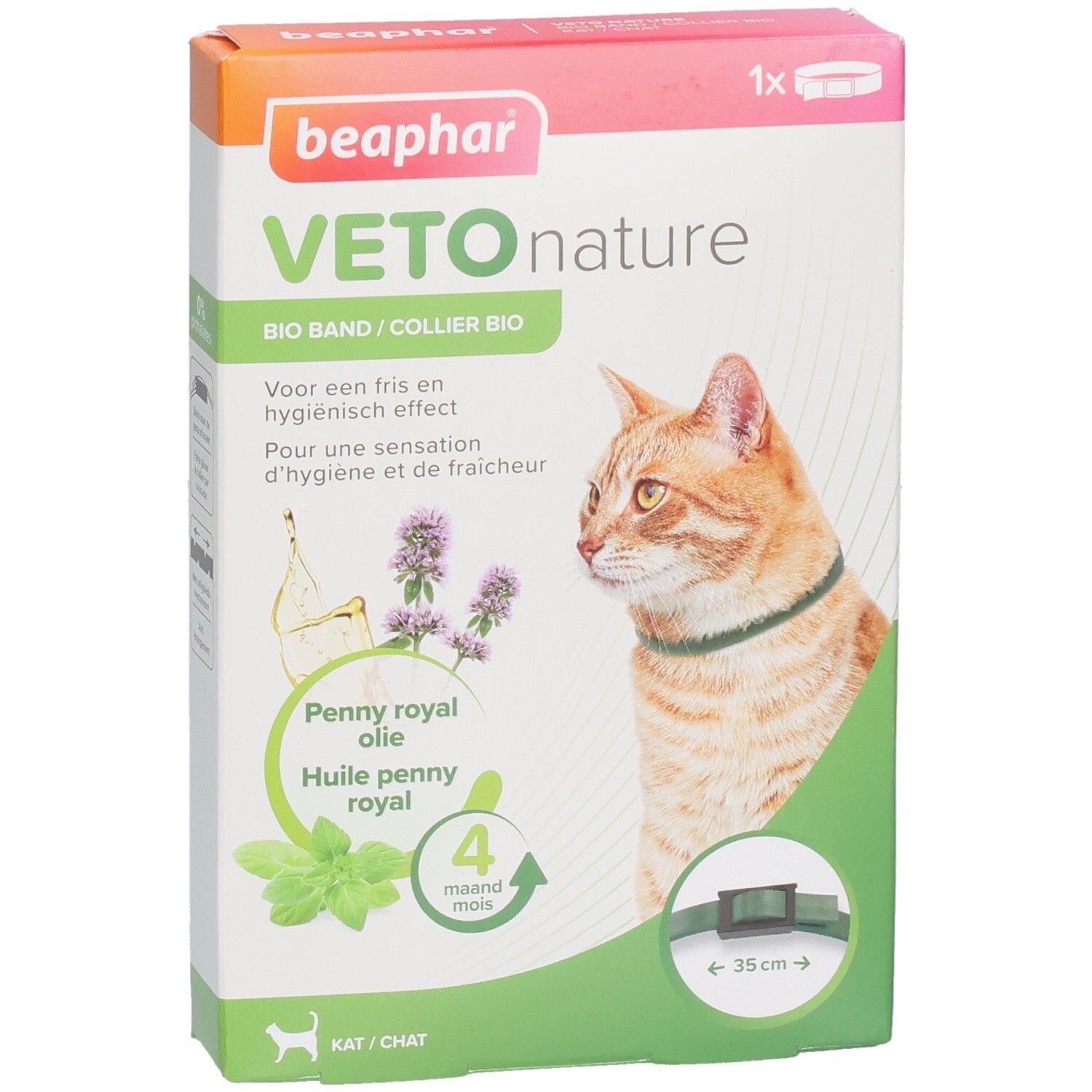 Verpakking Beaphar Vetonature Bio Band. Kat met halsband. Penny royal olie. 4 maanden bescherming. Halsband.