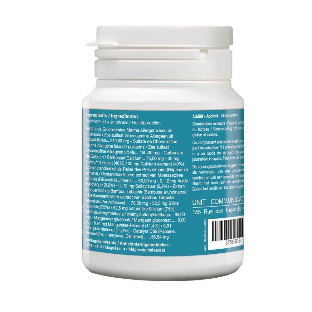Witte fles met blauw etiket. Opschrift: 19, Confort Articulaire, Gewrichten Comfort. Merk: Eubage.