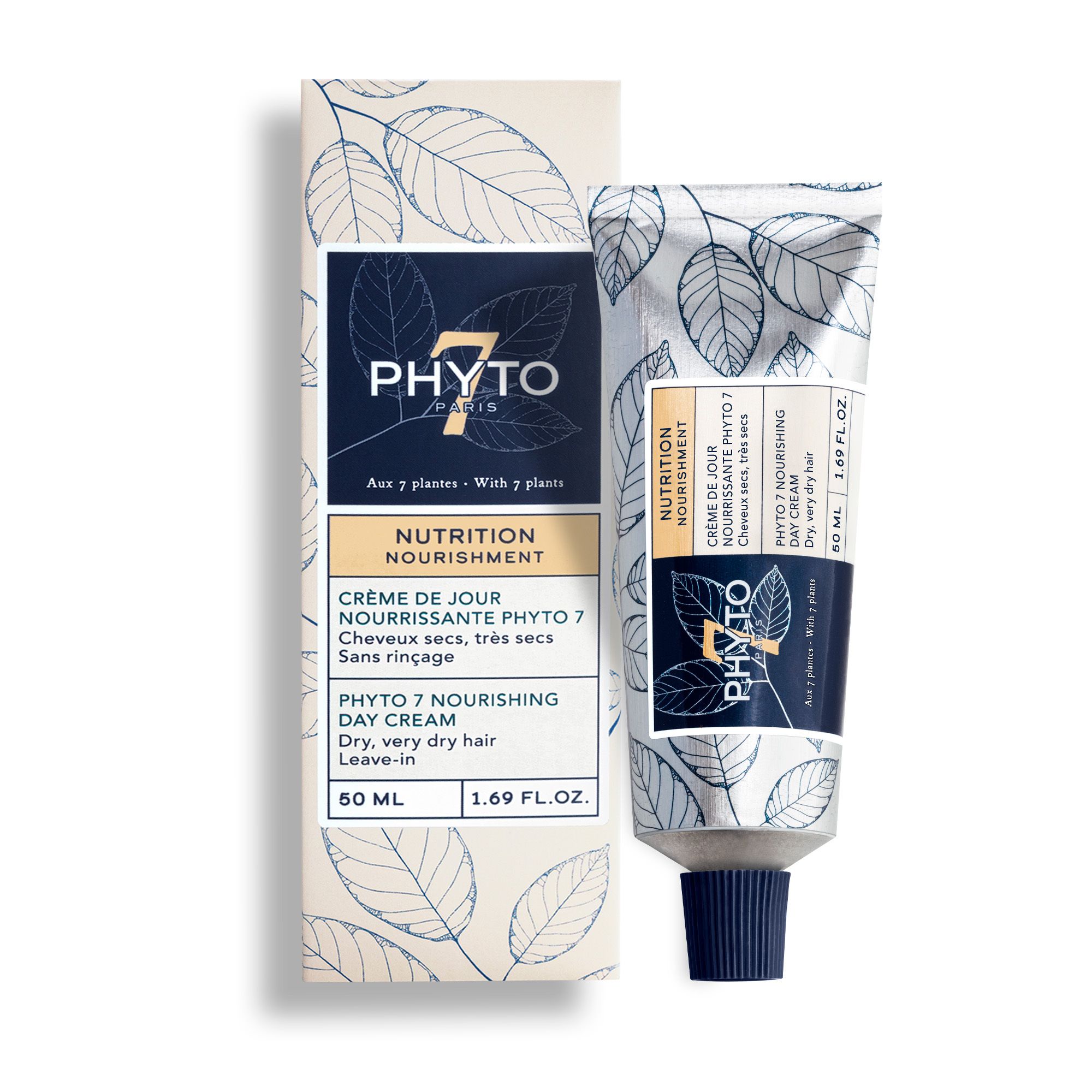 Productverpakking: tube en doos. Opschrift PHYTO 7, Crème de Jour, Nutrition Nourrishment. Voor droog haar.