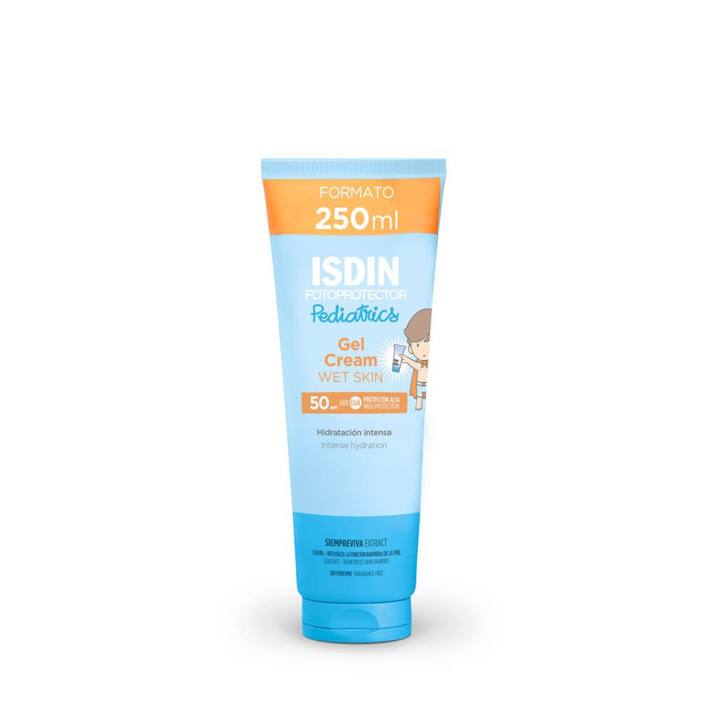 ISDIN Fotoprotector Pediatrics Gel Cream Wet Skin SPF50+ tube. 250ml. Kind-illustratie. Blauw en wit.