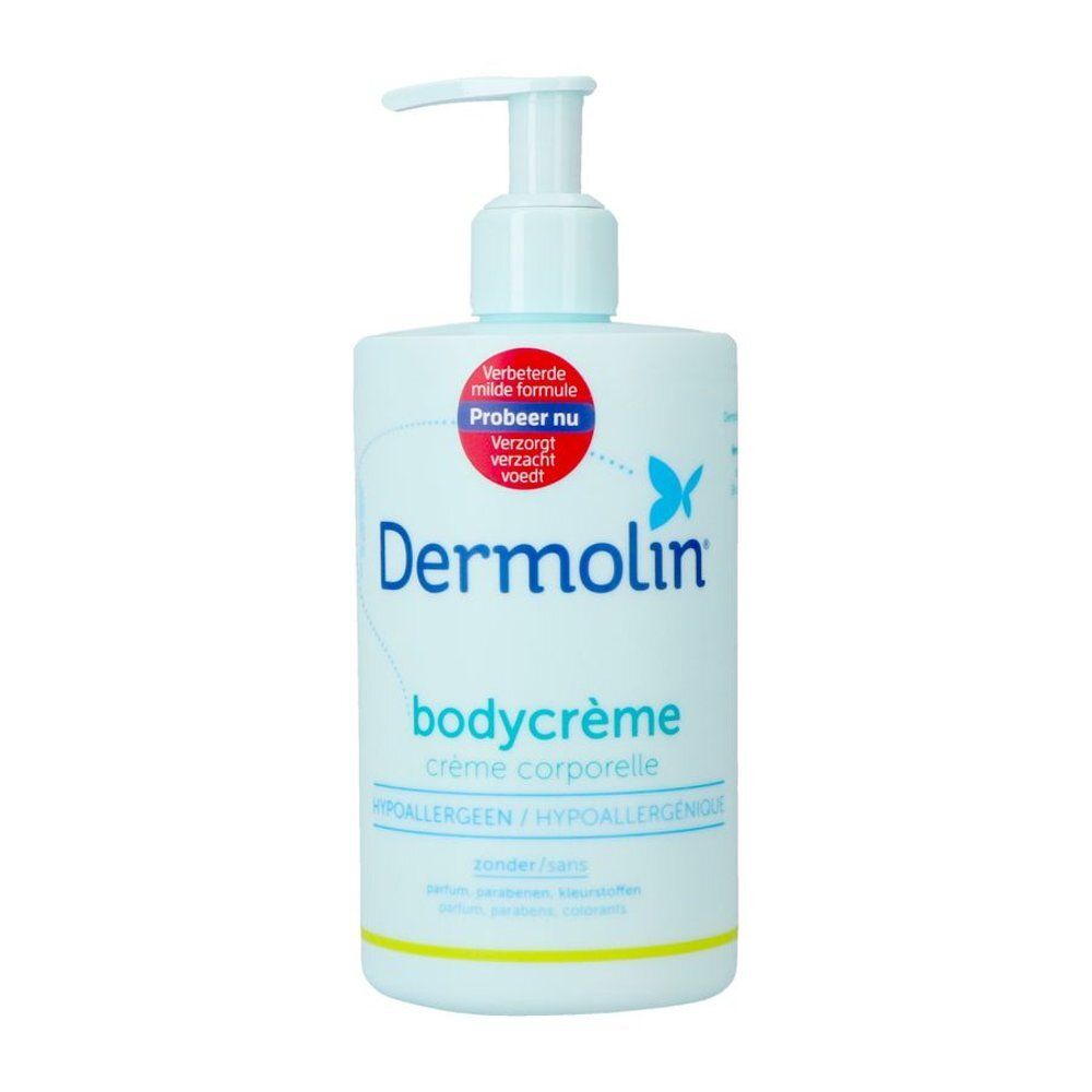Lichtblauwe fles met pomp. Sticker: Verbeterde formule. Opschrift: Dermolin bodycrème. Hypoallergeen.