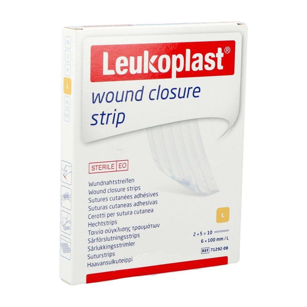 Boîte de strips de fermeture de plaie Leukoplast. Inscription: wound closure strip. Stérile. Dimensions: 6 x 100 mm. Contient 10 strips.