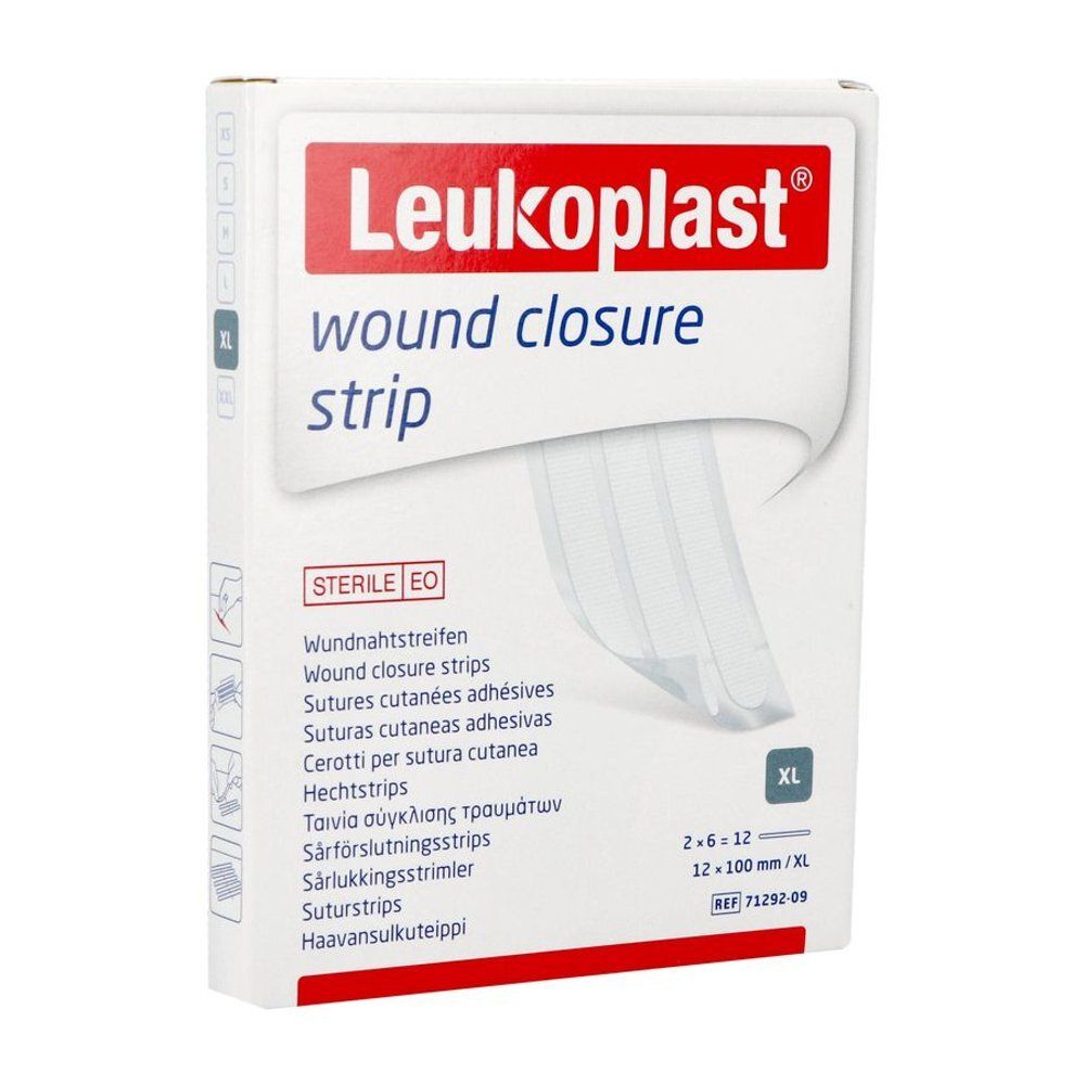 Verpakking met Leukoplast wondsluitstrips. Opschrift: wound closure strip. Afmeting: 12 x 100 mm/XL. Steriel.