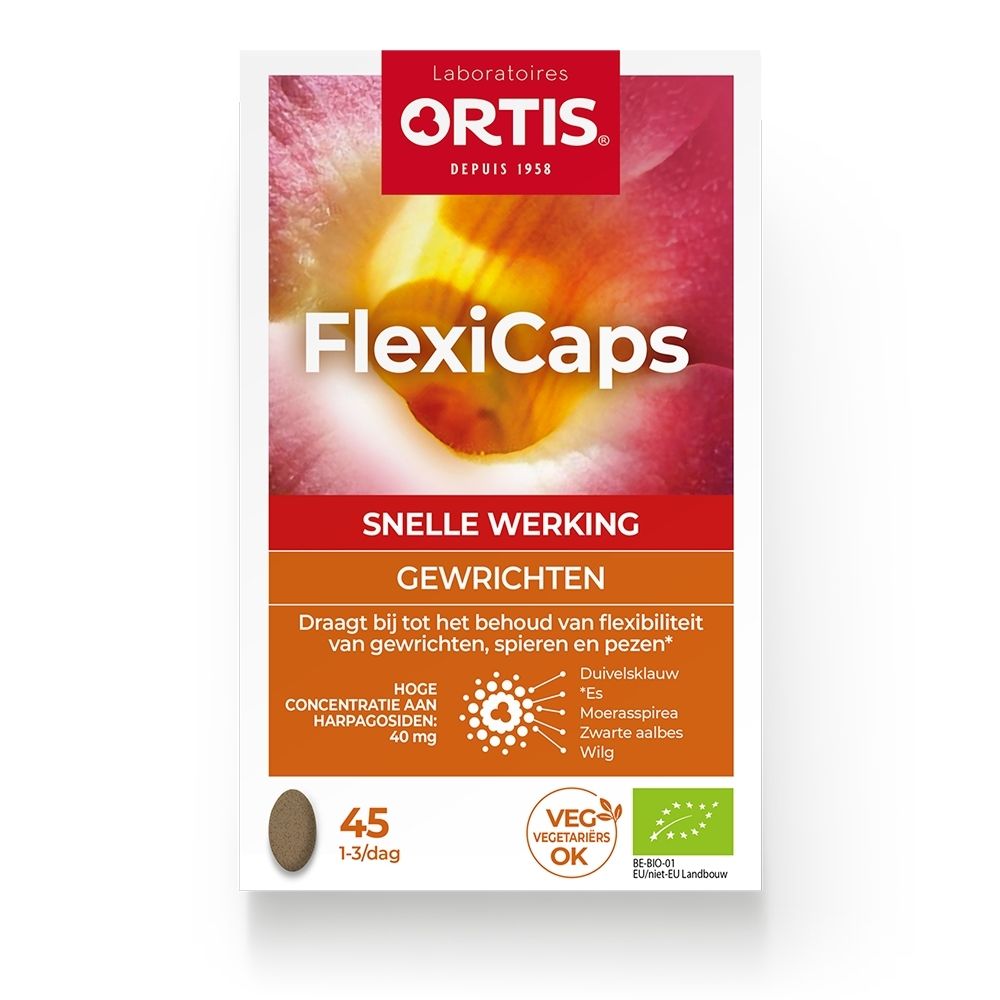 Ortis FlexiCaps verpakking met 45 capsules, zijkant met productinformatie.