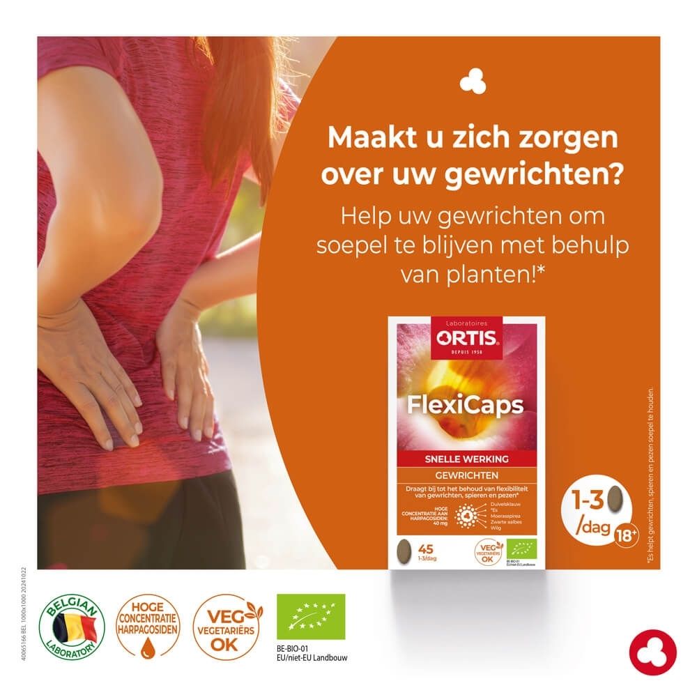 Ortis FlexiCaps verpakking met 45 capsules voor gewrichten, snelle werking.