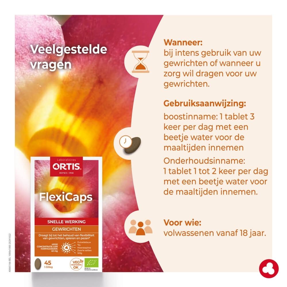 Ortis FlexiCaps verpakking met 45 capsules, voorkant met bloemafbeelding.