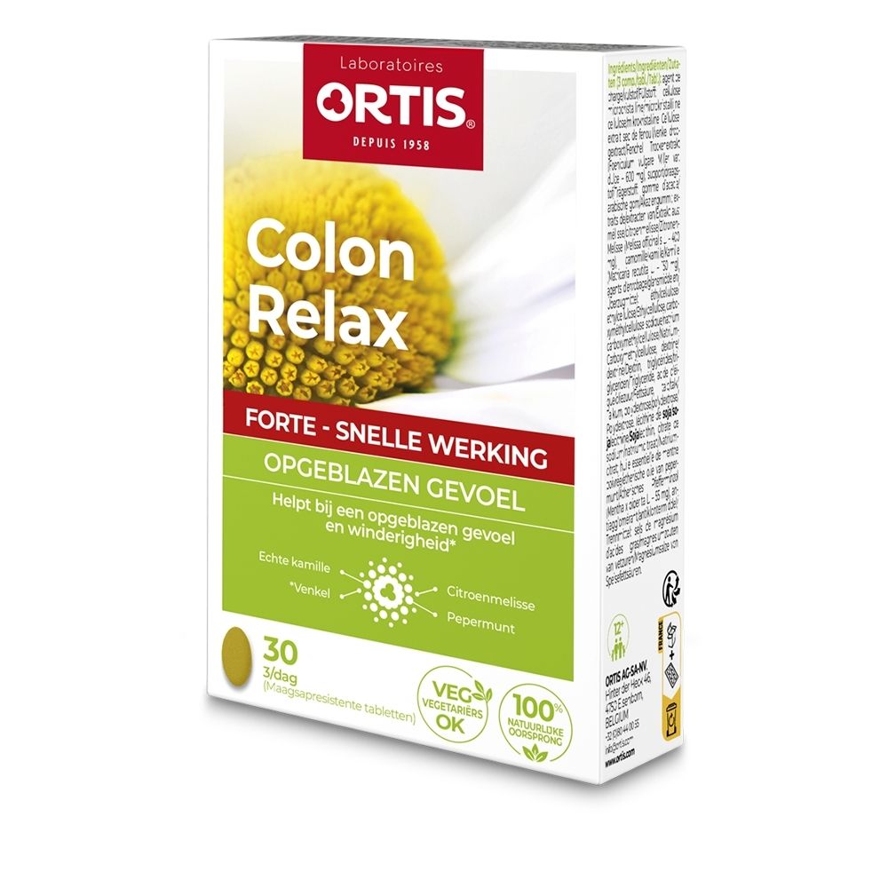 Ortis Colon Relax Forte verpakking met kamillebloem, 30 maagsapresistente tabletten.