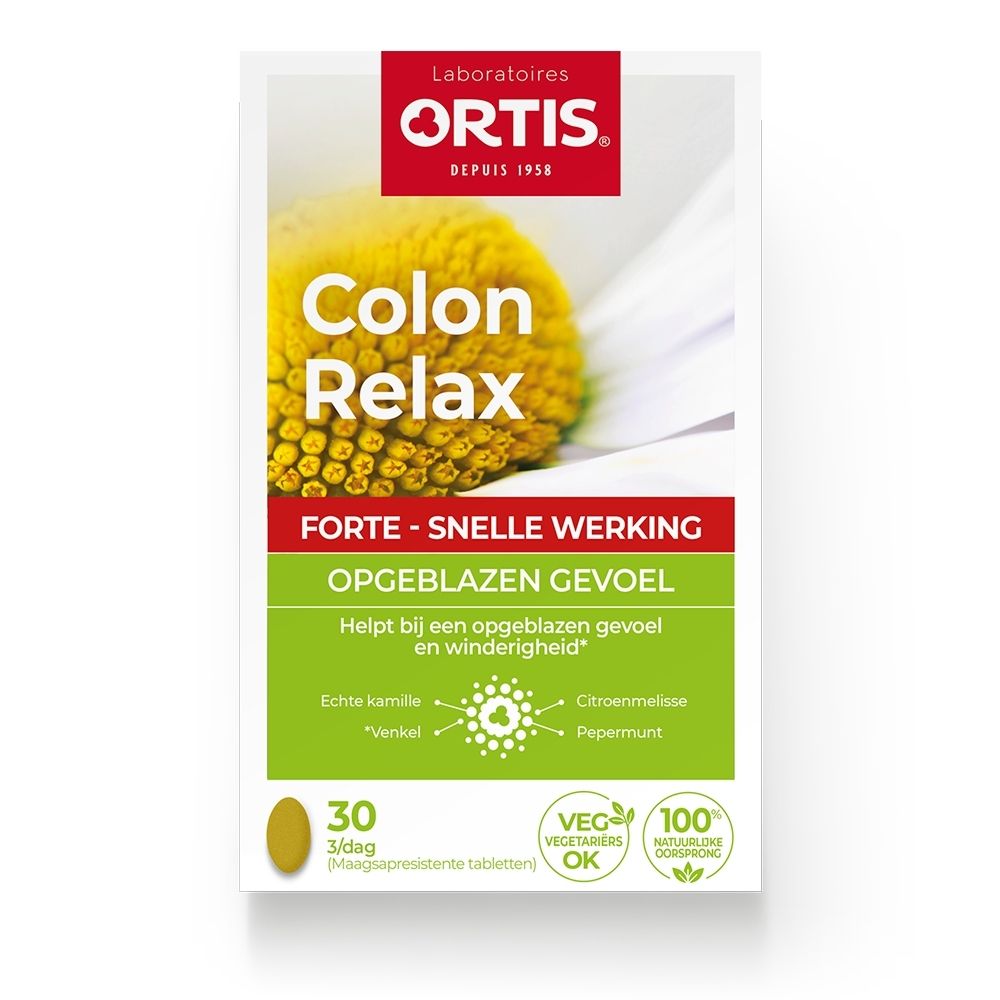 Ortis Colon Relax Forte verpakking met kamillebloem, 30 maagsapresistente tabletten.